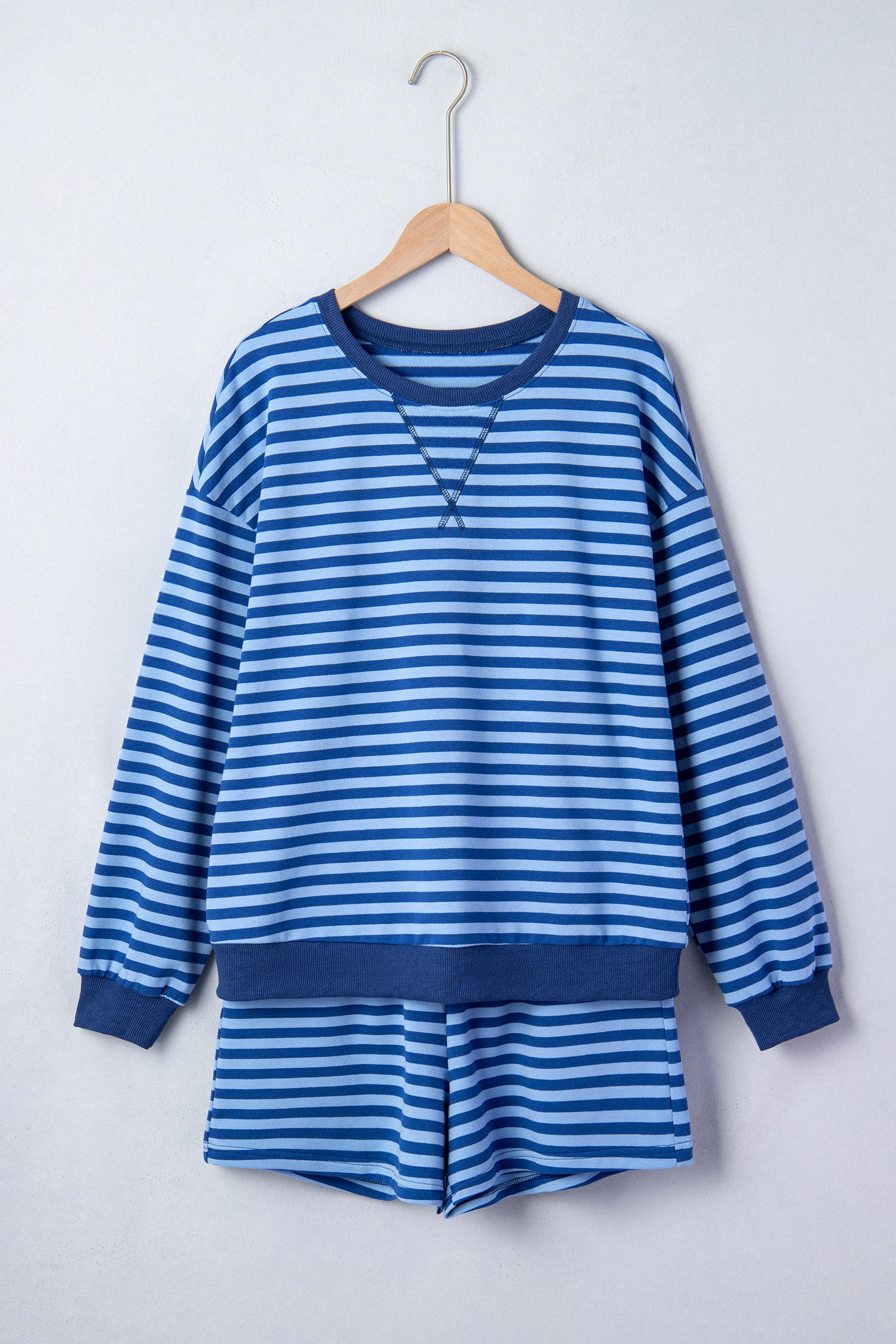 Chic Blue Stripe Drop Shoulder Pullover and Shorts Set – Effortless Style for Spring Adventures - Detail View 5 Chic Blue Stripe Drop Shoulder Pullover and Shorts Set – Effortless Style for Spring Adventures - Detail View 5