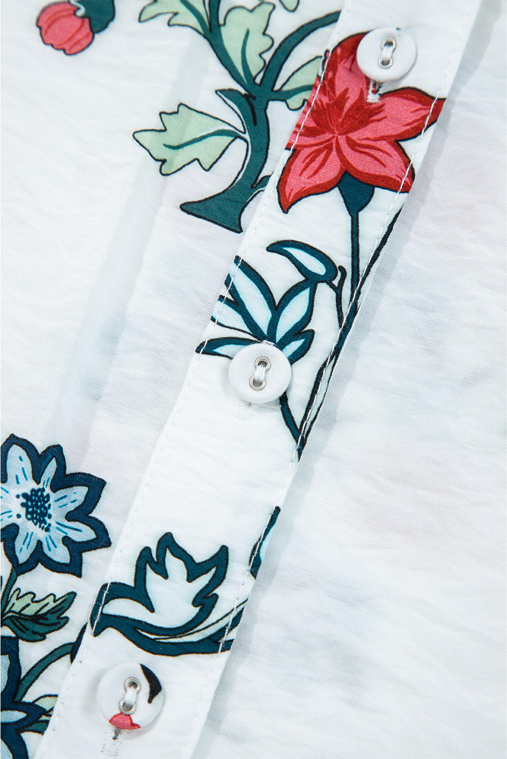 Women's White Floral Print Frilled Collar V Neck Button Down Long Sleeve Shirt - Detail View 9 Women's White Floral Print Frilled Collar V Neck Button Down Long Sleeve Shirt - Detail View 9