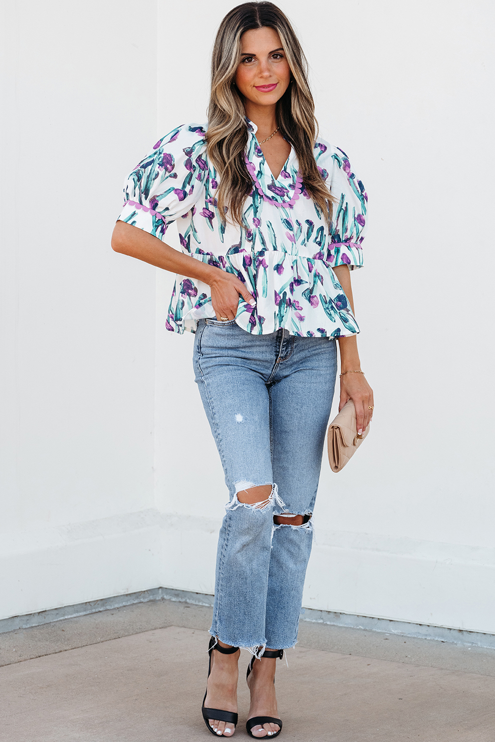 Charming V Neck Floral Blouse - Half Sleeve Peplum Top for Daily Wear - Detail View 6 Charming V Neck Floral Blouse - Half Sleeve Peplum Top for Daily Wear - Detail View 6