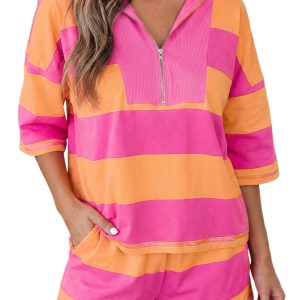 Women's Pink Striped Half Zip Tee and Shorts Set – Casual 2-Piece Summer Lounge Outfit - Main View