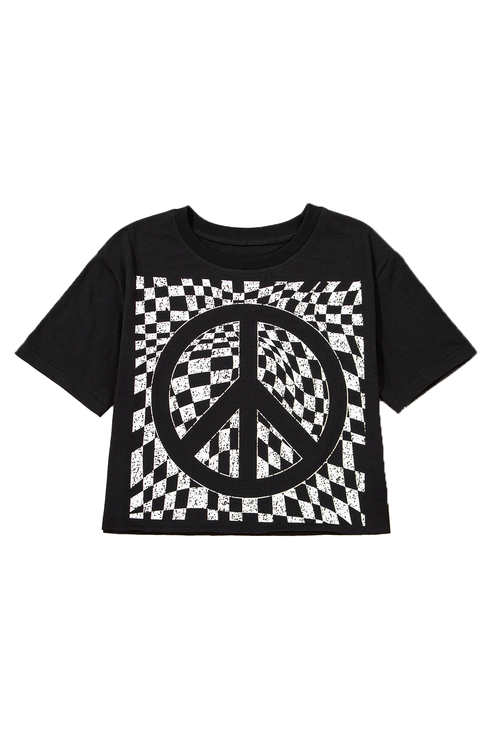 Women's Black Checkerboard Peace Sign Printed Round Neck T-Shirt - Detail View 21 Women's Black Checkerboard Peace Sign Printed Round Neck T-Shirt - Detail View 21