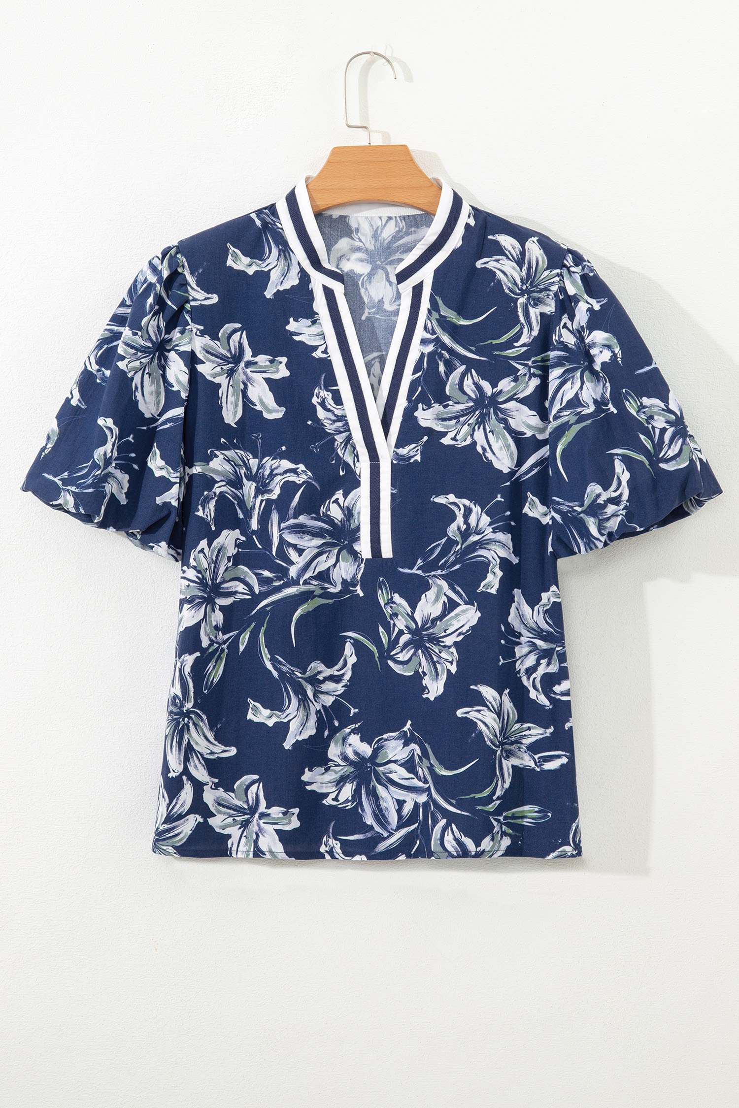 Casual Blue Floral Print Blouse for Women - Short Puff Sleeve Design, Ideal for Summer Days - Detail View 3 Casual Blue Floral Print Blouse for Women - Short Puff Sleeve Design, Ideal for Summer Days - Detail View 3