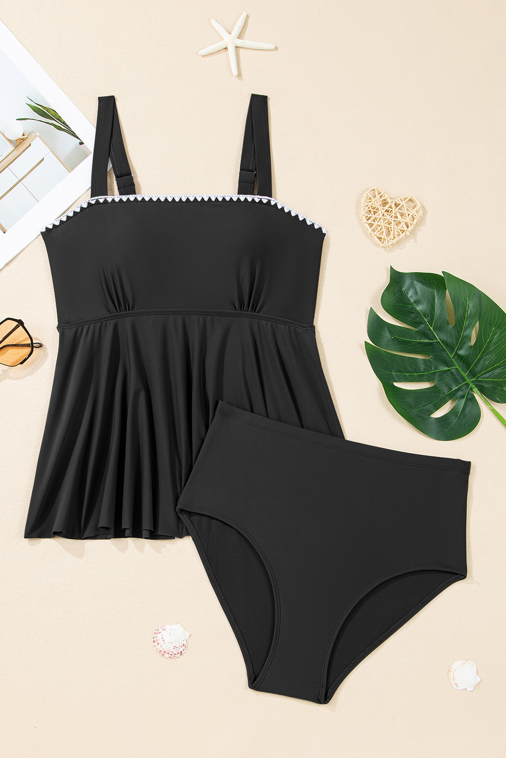 Chic Black Tankini with Spaghetti Straps and Ricrac Detail – Ideal 2-Piece Swimsuit for Beach Vacations - Detail View 8 Chic Black Tankini with Spaghetti Straps and Ricrac Detail – Ideal 2-Piece Swimsuit for Beach Vacations - Detail View 8