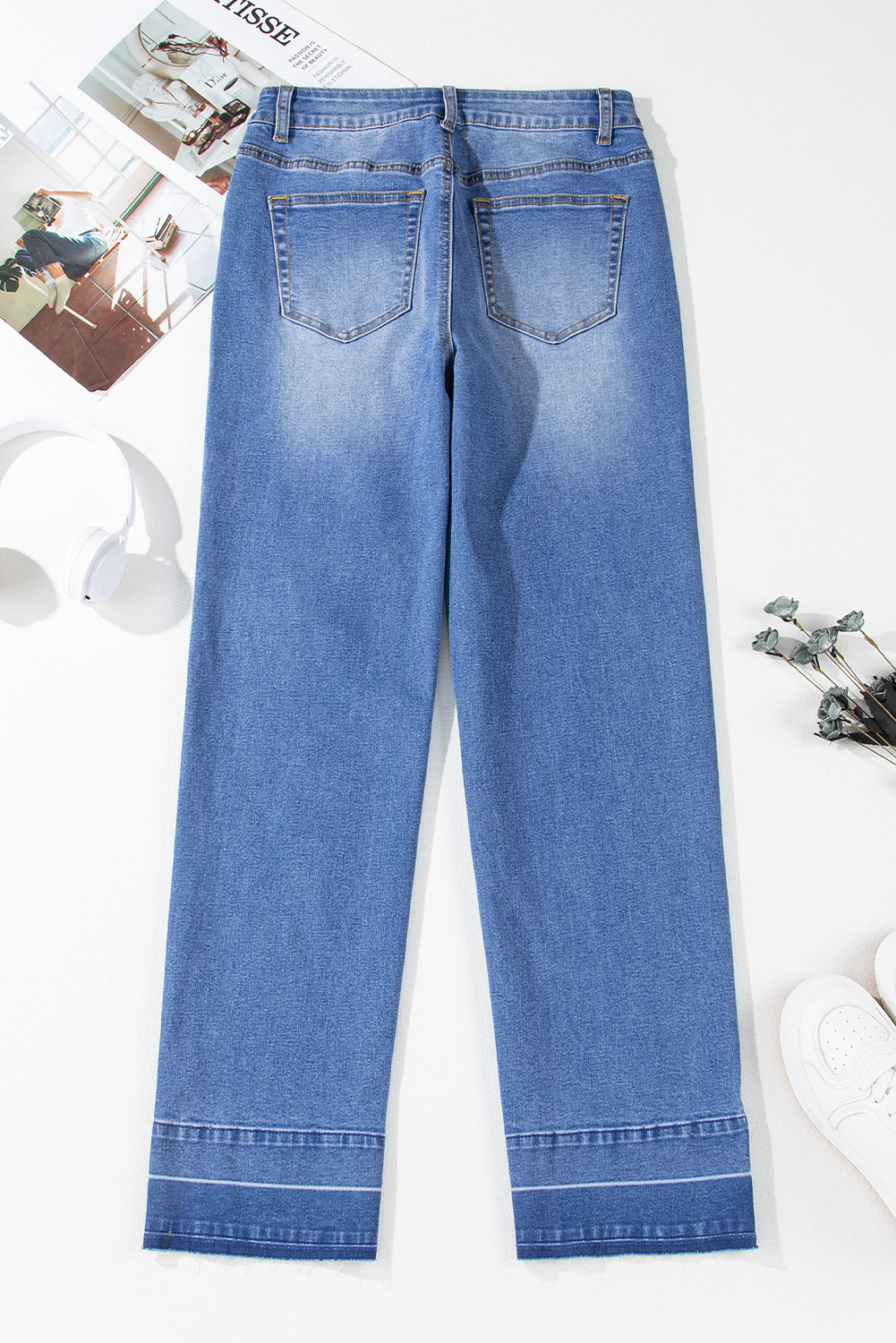Casual Women's High Rise Sail Blue Denim Jeans – Loose Straight Leg with Raw Hem and Distinctive Cuffs for Fall Outings - Detail View 11 Casual Women's High Rise Sail Blue Denim Jeans – Loose Straight Leg with Raw Hem and Distinctive Cuffs for Fall Outings - Detail View 11