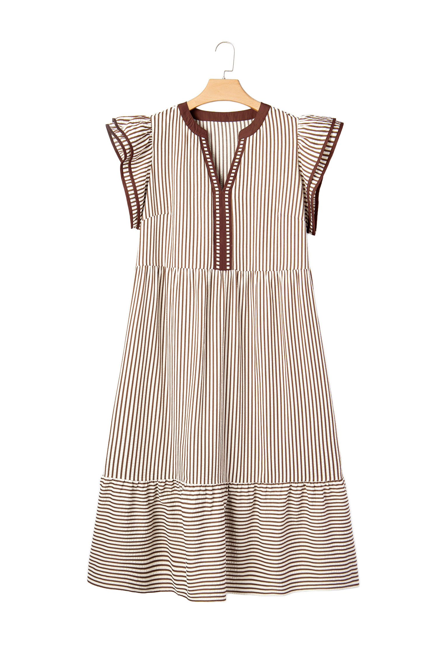 Women's Plus Size Brown Stripe Maxi Dress – Casual V Neck Tiered Flutter Sleeve Shift Dress - Detail View 19 Women's Plus Size Brown Stripe Maxi Dress – Casual V Neck Tiered Flutter Sleeve Shift Dress - Detail View 19