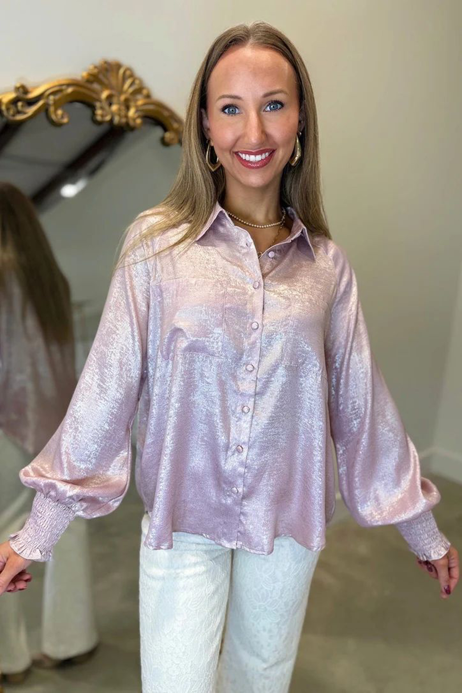 Long Sleeve Metallic Shirt, Women's Chic Daily Button Front - Detail View 6 Long Sleeve Metallic Shirt, Women's Chic Daily Button Front - Detail View 6