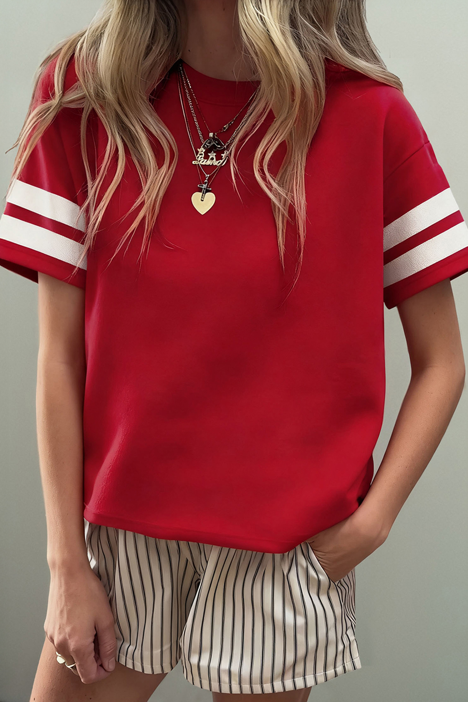 Casual Varsity Striped Tee for Women – Fiery Red Round Neck Short Sleeve Cotton Blend Shirt - Detail View 2 Casual Varsity Striped Tee for Women – Fiery Red Round Neck Short Sleeve Cotton Blend Shirt - Detail View 2