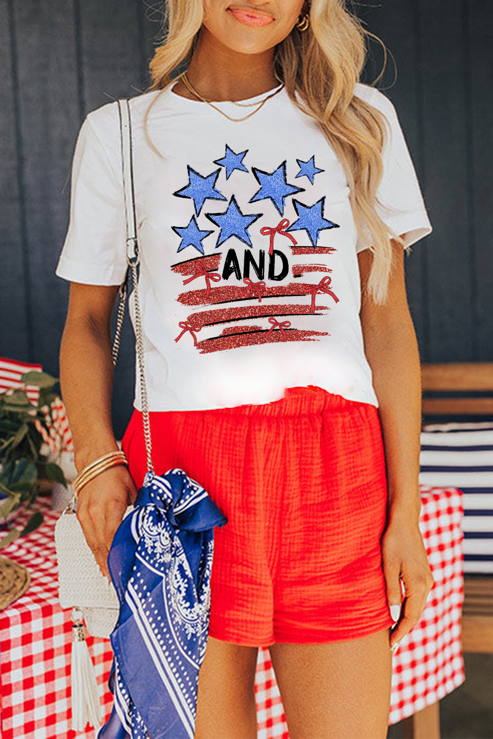 Trendy Women's Short Sleeve T-Shirt with Bow Detail - Perfect for Independence Day - Detail View 7 Trendy Women's Short Sleeve T-Shirt with Bow Detail - Perfect for Independence Day - Detail View 7