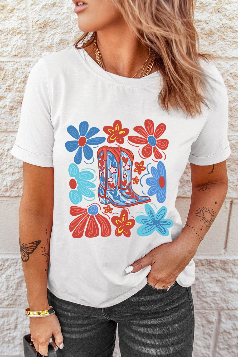 Women's White Floral Cowgirl Boots Graphic Tee - Celebrate Independence Day in Style - Detail View 9 Women's White Floral Cowgirl Boots Graphic Tee - Celebrate Independence Day in Style - Detail View 9