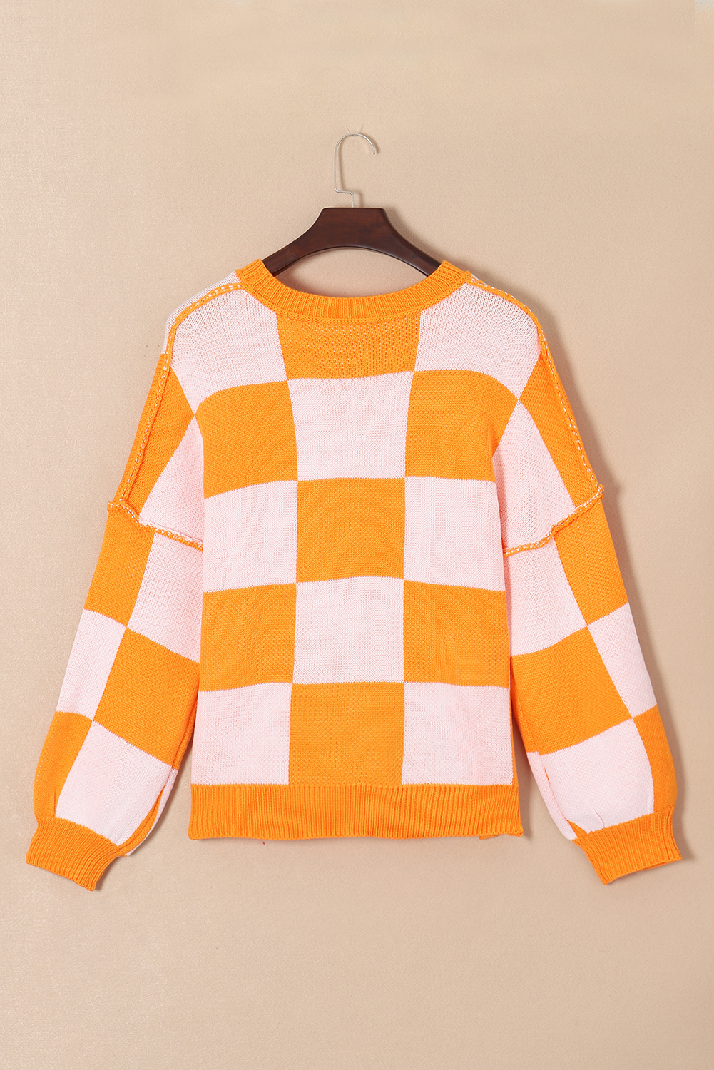 Stylish Orange Checkered Long Sleeve Sweater for Women – Perfect for Daily Wear - Detail View 3 Stylish Orange Checkered Long Sleeve Sweater for Women – Perfect for Daily Wear - Detail View 3