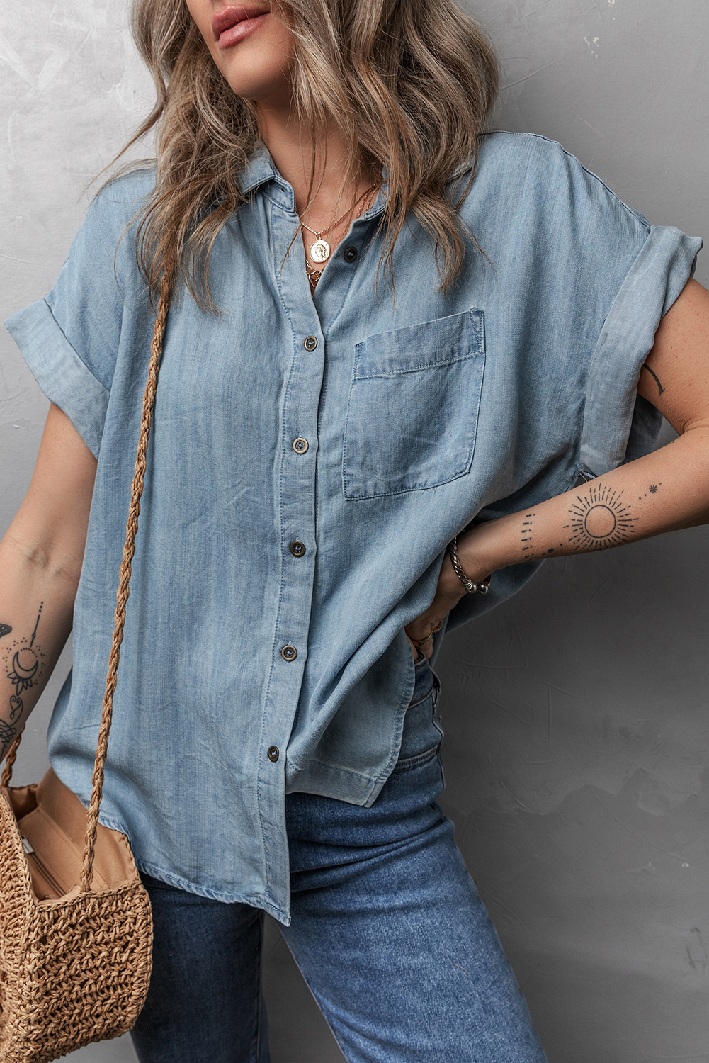 Casual Chic Dusk Blue Denim Shirt - Folded Short Sleeves & Chest Pocket - Detail View 6 Casual Chic Dusk Blue Denim Shirt - Folded Short Sleeves & Chest Pocket - Detail View 6