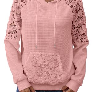 Women's Pink Lace Patchwork Waffle Hoodie – Casual Daily Wear - Main View