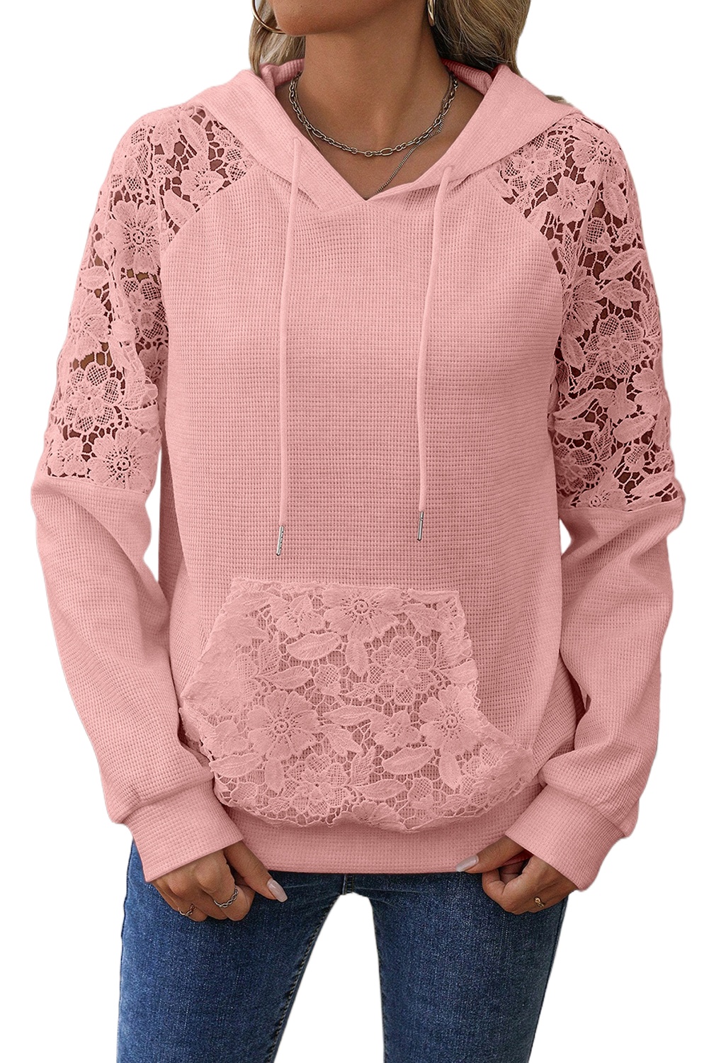Women's Pink Lace Patchwork Waffle Hoodie – Casual Daily Wear - Main View Women's Pink Lace Patchwork Waffle Hoodie – Casual Daily Wear - Main View
