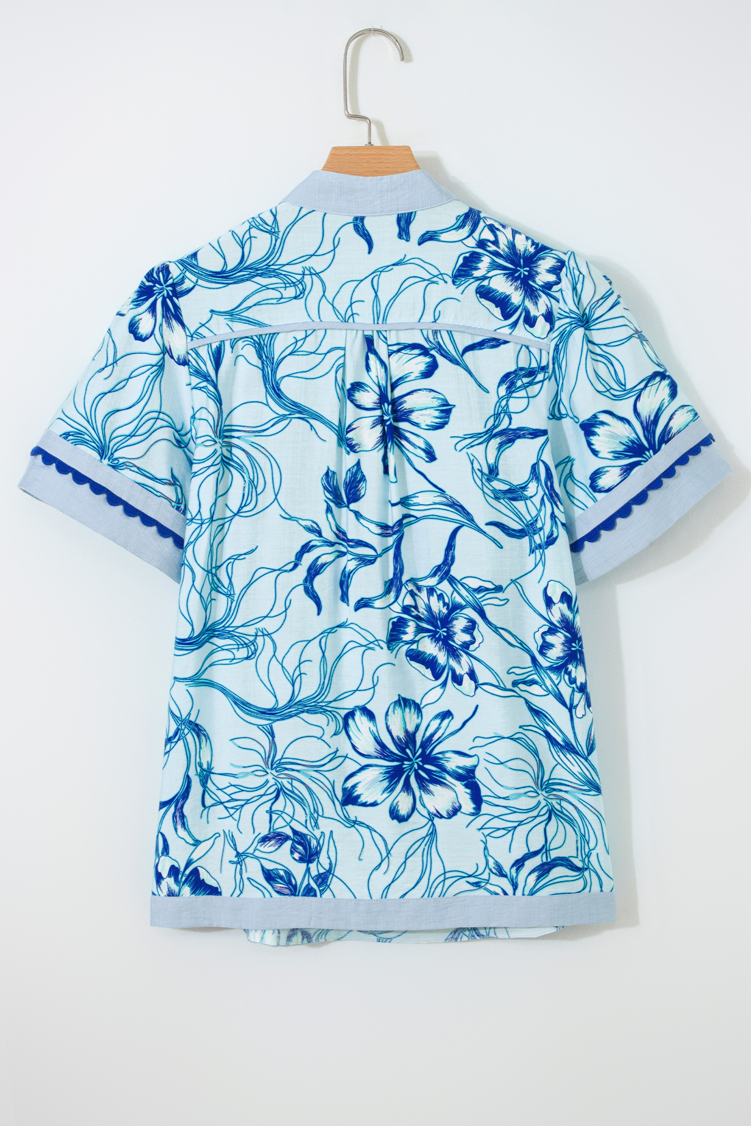 Casual Floral Blouse for Women – Sky Blue V Neck Top with Rick Rack Detail for Daily Wear - Detail View 5 Casual Floral Blouse for Women – Sky Blue V Neck Top with Rick Rack Detail for Daily Wear - Detail View 5