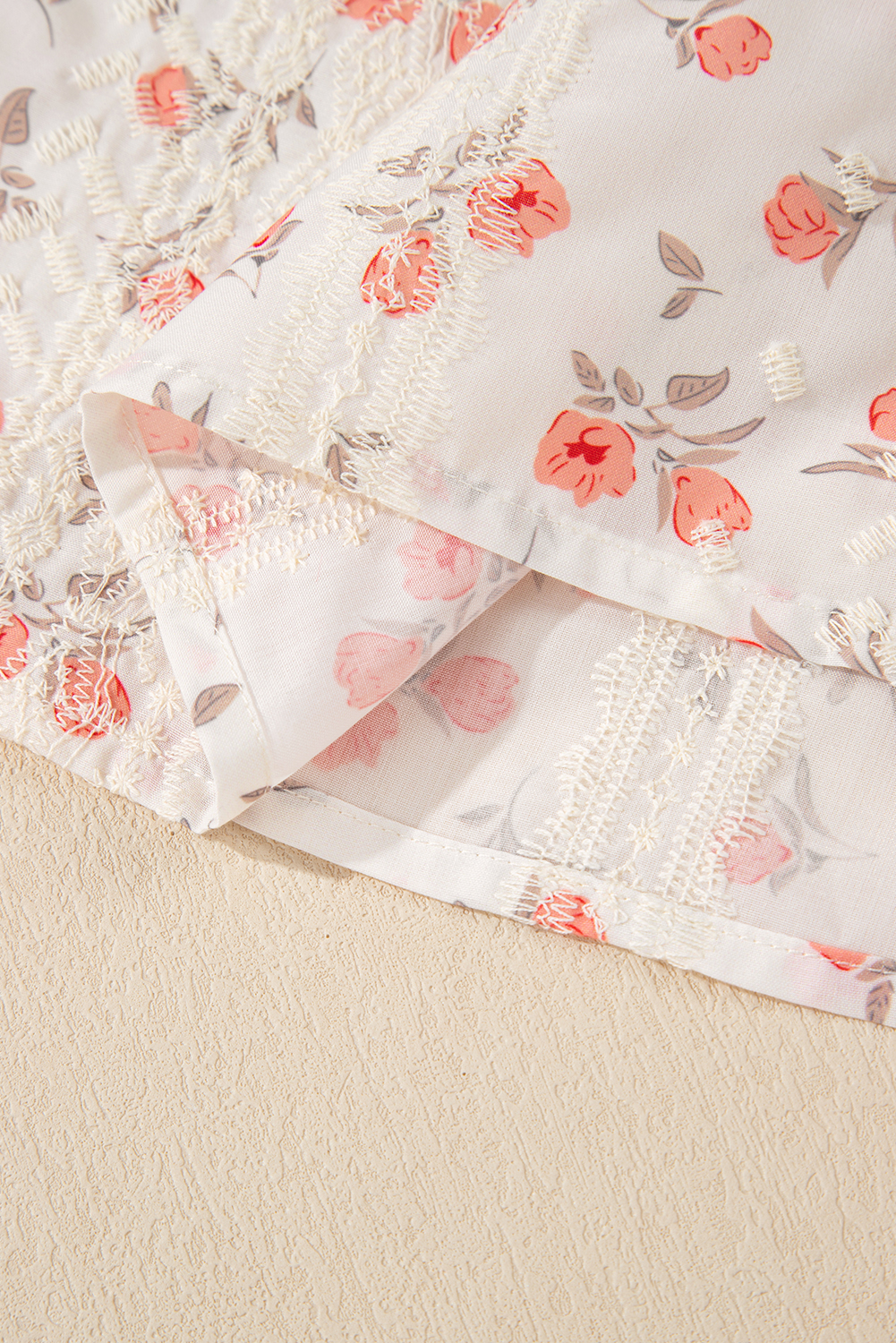 Women's Pink Floral Print Crochet Cap Sleeve Blouse with Embroidery Detail - Detail View 13 Women's Pink Floral Print Crochet Cap Sleeve Blouse with Embroidery Detail - Detail View 13