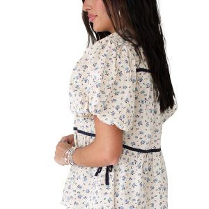Women's White Floral Puff Short Sleeve Shirt with Contrast Trim - Main View