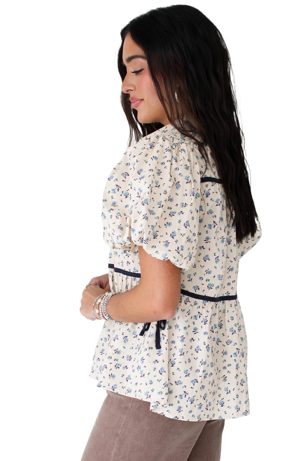 Women's White Floral Puff Short Sleeve Shirt with Contrast Trim - Main View Women's White Floral Puff Short Sleeve Shirt with Contrast Trim - Main View