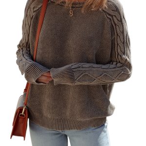 Women's Dark Brown Casual Sweater with Unique Contrast Cable Knit Sleeves - Main View
