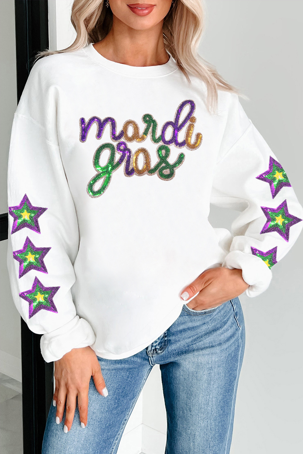 Women's Pullover, White Sweatshirt, Sequin Mardi Gras, Graphic Star Sleeve, Casual Style, Relaxed Fit, Drop Shoulder, Crew Neck, Everyday Wear, Fall Fashion, Sparkling Effect, Soft Material, Daily Outfit, Graphic Sweatshirts - Detail View 4 Women's Pullover, White Sweatshirt, Sequin Mardi Gras, Graphic Star Sleeve, Casual Style, Relaxed Fit, Drop Shoulder, Crew Neck, Everyday Wear, Fall Fashion, Sparkling Effect, Soft Material, Daily Outfit, Graphic Sweatshirts - Detail View 4