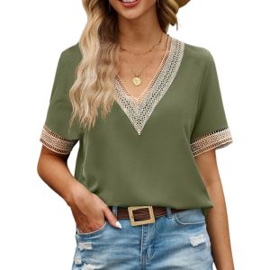 Women's Green V-Neck Blouse – Casual Short Sleeve Lace Trim Top - Main View