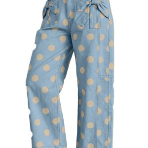 Women's Sky Blue Polka Dot Bow Jeans – Casual Wide Leg Denim - Main View