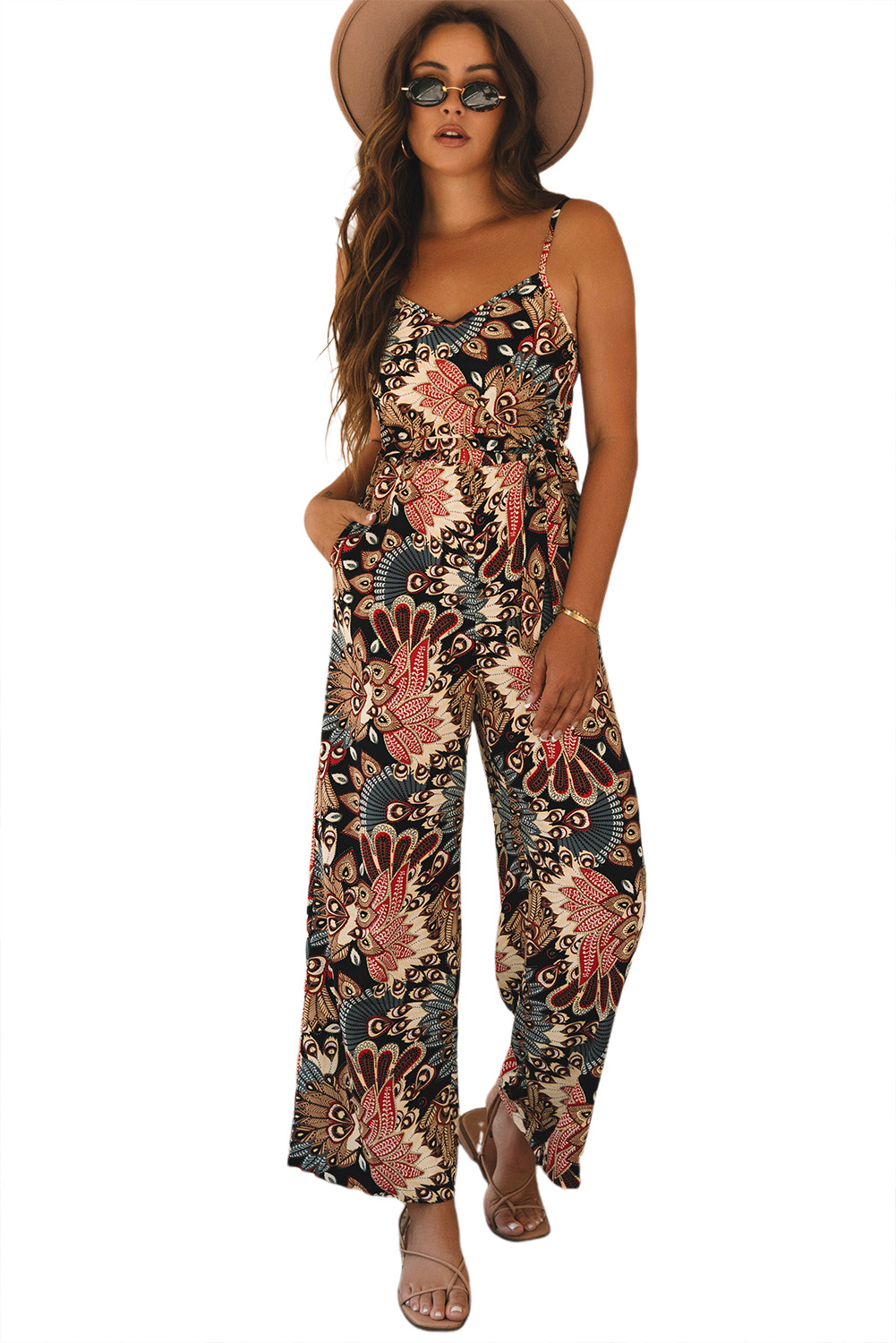 Chic & Trendy Black Floral Jumpsuit with Spaghetti Straps and Defined Waist - Detail View 22 Chic & Trendy Black Floral Jumpsuit with Spaghetti Straps and Defined Waist - Detail View 22