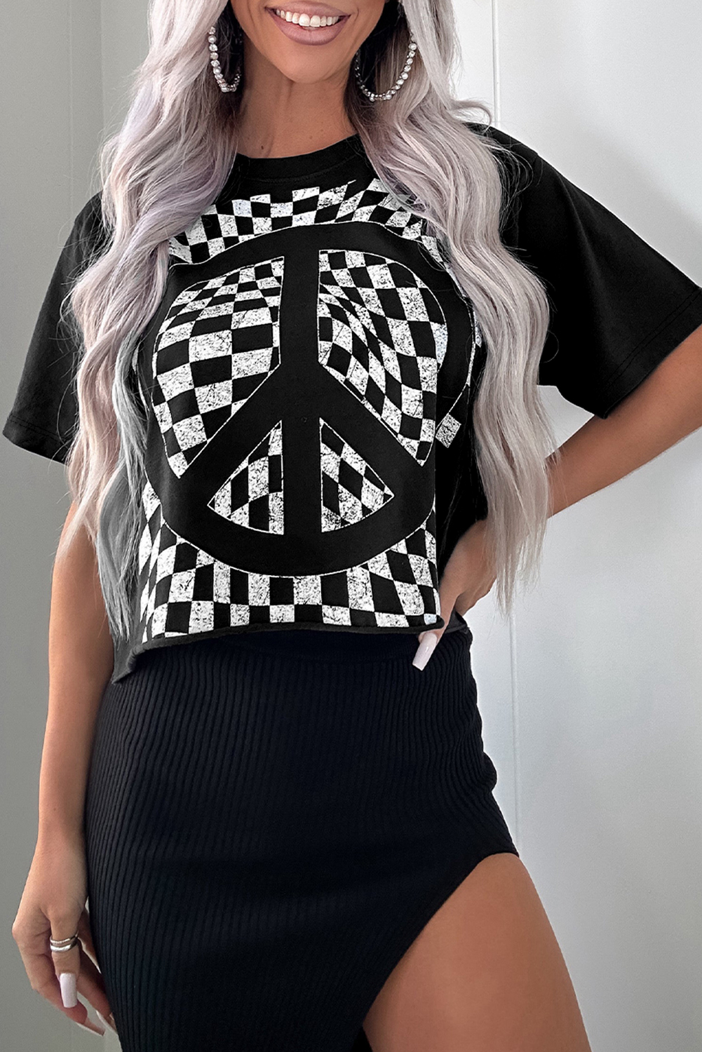 Women's T-Shirt, Black Tee, Checkerboard Print, Peace Sign, Round Neck, Casual Style, Short Sleeve, Comfortable Fit, Summer Fashion, Daily Wear, Graphic Tee, Trendy Tops, Tops & Tees - Detail View 8 Women's T-Shirt, Black Tee, Checkerboard Print, Peace Sign, Round Neck, Casual Style, Short Sleeve, Comfortable Fit, Summer Fashion, Daily Wear, Graphic Tee, Trendy Tops, Tops & Tees - Detail View 8