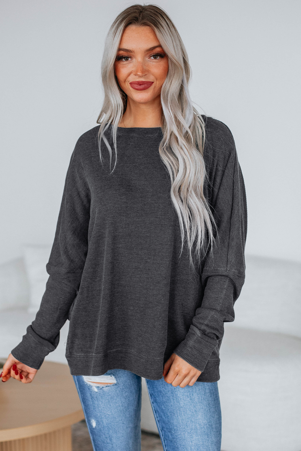 Chic Dark Grey Waffle Knit Loose Top for Women – Versatile Long Sleeve Style for Daily Wear - Detail View 5 Chic Dark Grey Waffle Knit Loose Top for Women – Versatile Long Sleeve Style for Daily Wear - Detail View 5