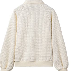 Women's Beige Textured Half-Button Collared Sweatshirt – Casual Long-Sleeve Layer for Everyday Comfort - Main View
