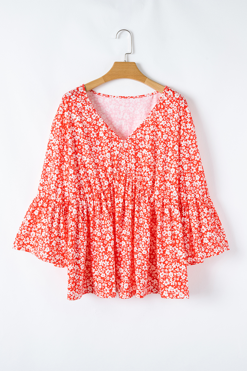 Elegant Babydoll Design Plus Size Blouse - Red Floral Print with Ruffle Sleeves - Detail View 6 Elegant Babydoll Design Plus Size Blouse - Red Floral Print with Ruffle Sleeves - Detail View 6