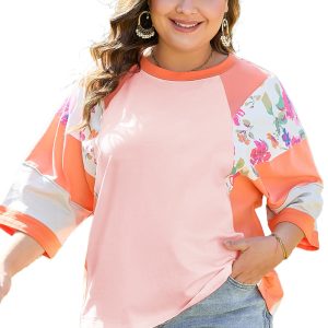 Women's Plus Size Orange Floral Print Patchwork Raglan Half Sleeve Top - Main View