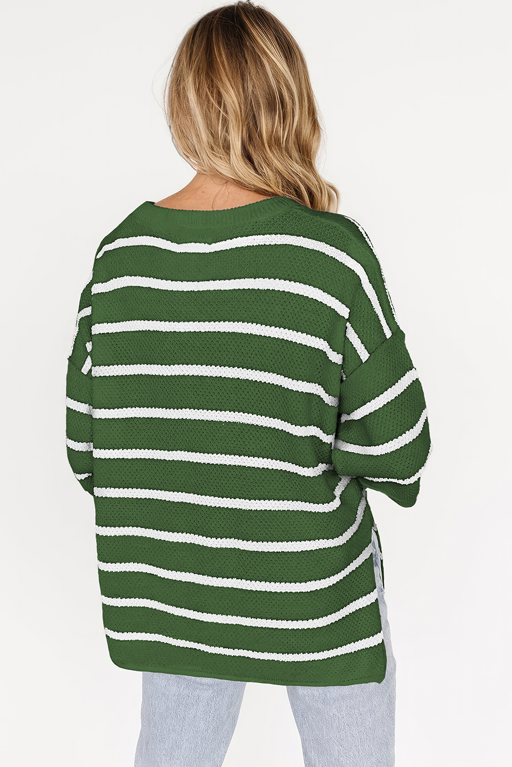 Chic Casual Green Striped Sweater Tee - Three Quarter Sleeve & Side Slits - Detail View 2 Chic Casual Green Striped Sweater Tee - Three Quarter Sleeve & Side Slits - Detail View 2