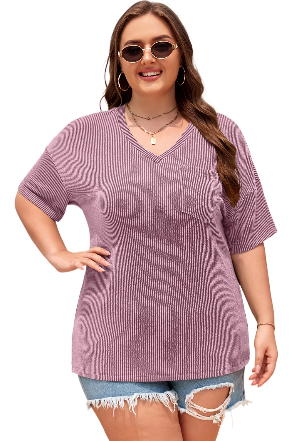 Women's Valerian V-Neck Dropped Shoulder Plus T-Shirt – Casual Summer Essential - Main View Women's Valerian V-Neck Dropped Shoulder Plus T-Shirt – Casual Summer Essential - Main View