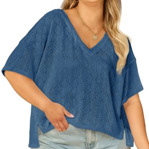Plus Size Sky Blue Pointelle Knit V Neck Top – Casual Style for Women - Main View