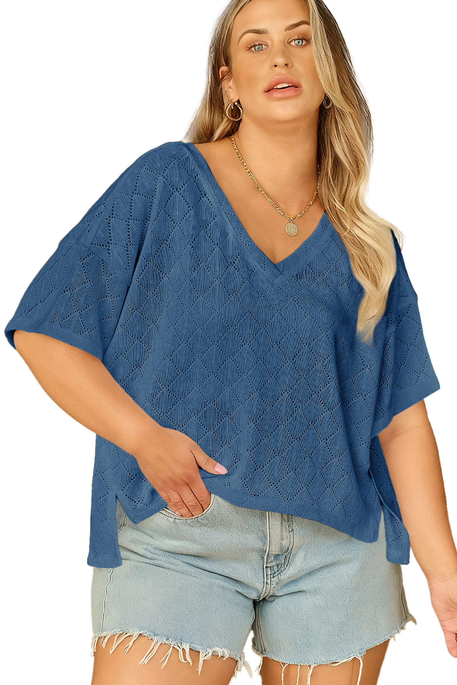 Plus Size Sky Blue Pointelle Knit V Neck Top – Casual Style for Women - Main View Plus Size Sky Blue Pointelle Knit V Neck Top – Casual Style for Women - Main View