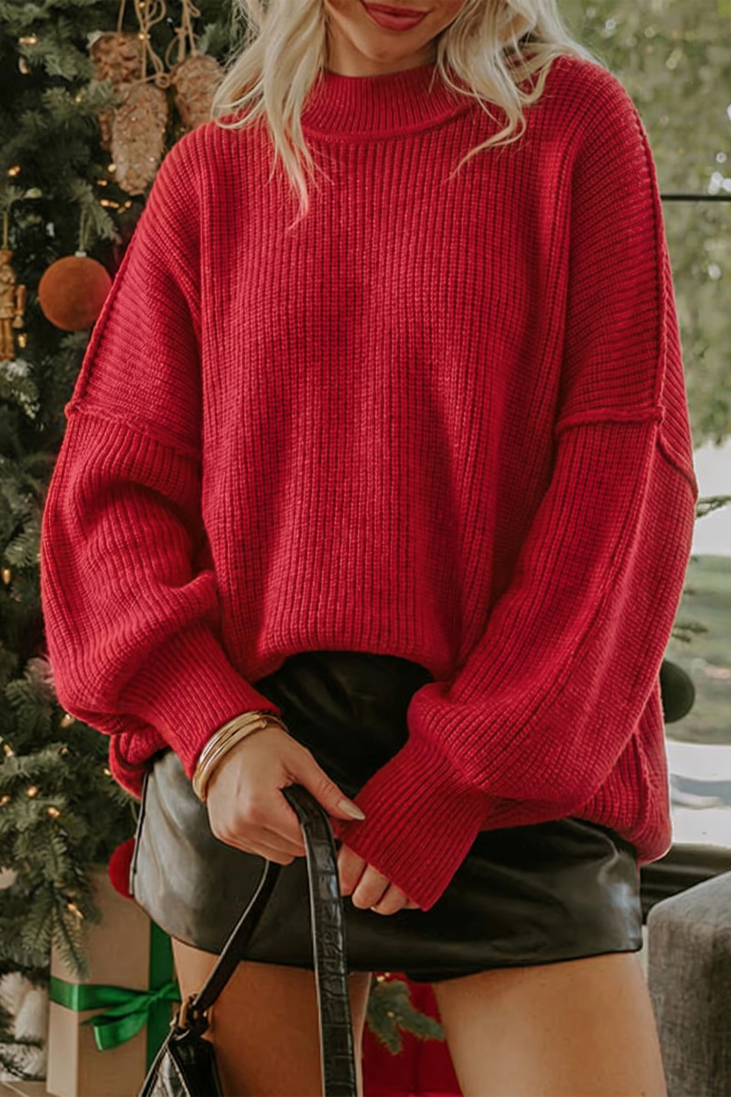 Women's Red Dahlia Ribbed Sweater – Cozy Autumn Pullover - Detail View 3 Women's Red Dahlia Ribbed Sweater – Cozy Autumn Pullover - Detail View 3