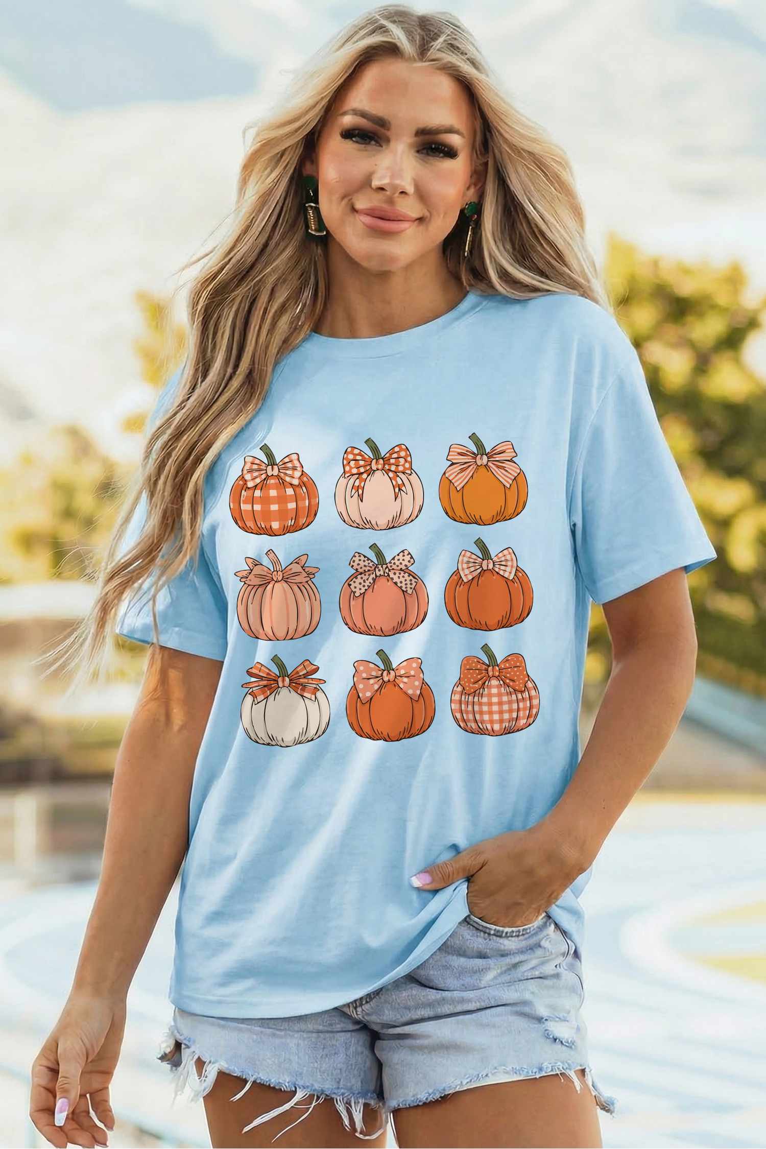 Fall Pumpkin Print Tee, Short Sleeve Round Neck Graphic - Detail View 5 Fall Pumpkin Print Tee, Short Sleeve Round Neck Graphic - Detail View 5