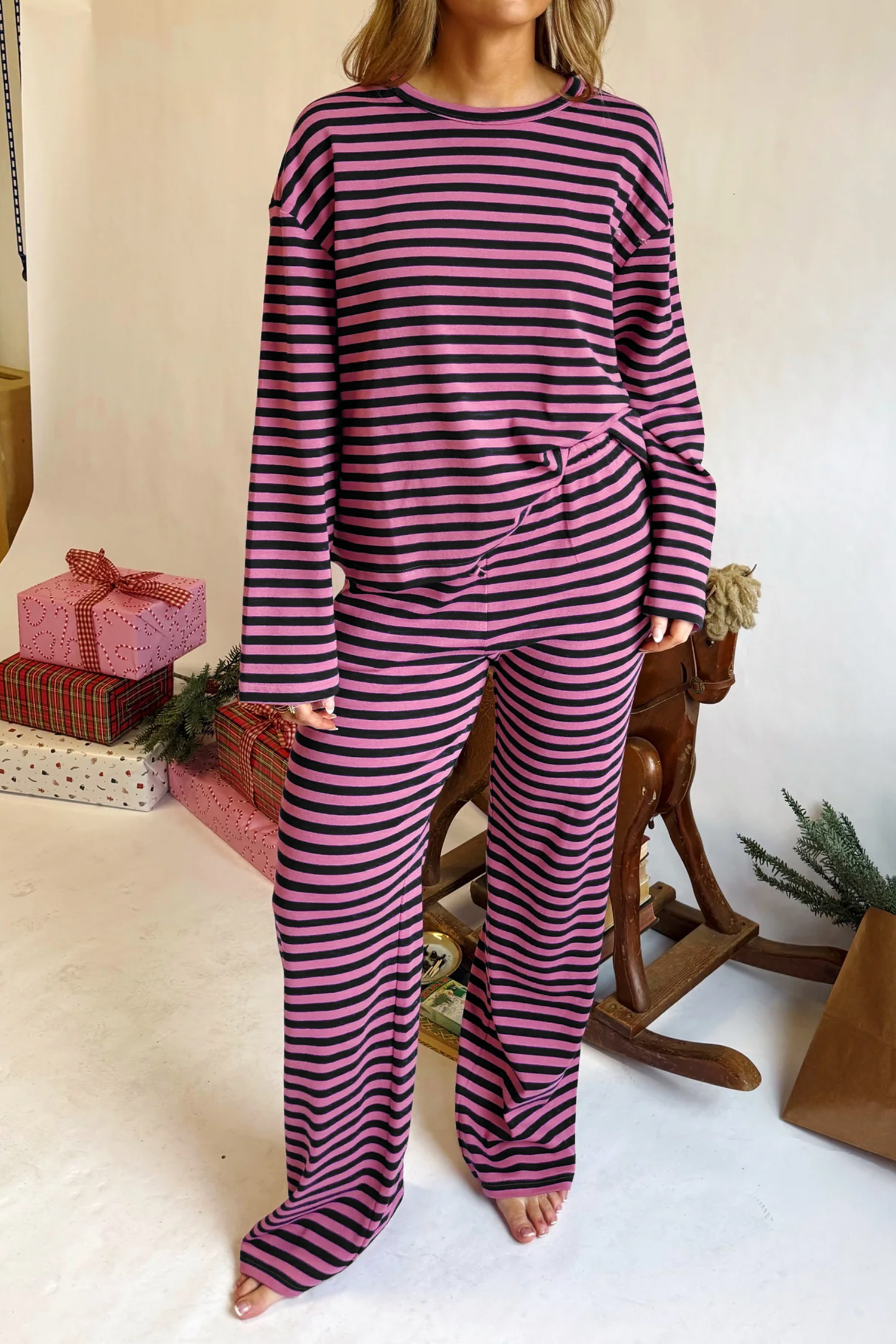 Pink Striped Women's Pajama Set, Long Sleeve Lounge - Detail View 5 Pink Striped Women's Pajama Set, Long Sleeve Lounge - Detail View 5