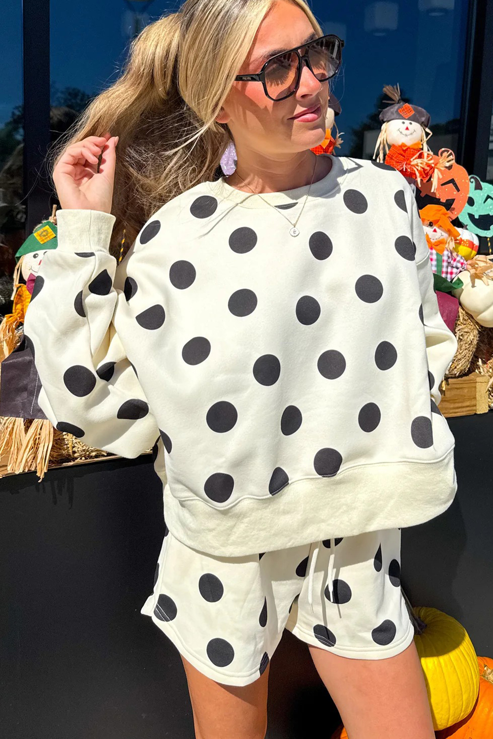 Chic Women's Beige Polka Dot Pullover & Drawstring Shorts Set for Spring Outings - Detail View 7 Chic Women's Beige Polka Dot Pullover & Drawstring Shorts Set for Spring Outings - Detail View 7