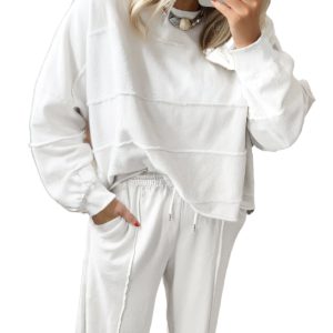 Women's White Textured Plus Size Pullover and Drawstring Pants Set – Casual Fall Outfit - Main View