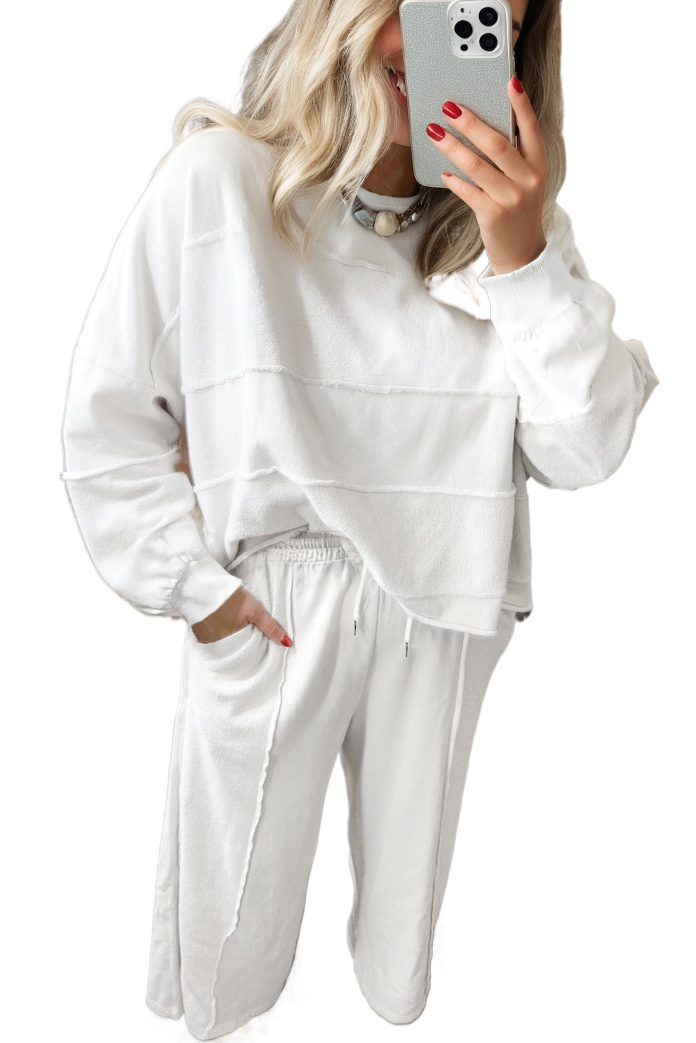 Women's White Textured Plus Size Pullover and Drawstring Pants Set – Casual Fall Outfit - Main View Women's White Textured Plus Size Pullover and Drawstring Pants Set – Casual Fall Outfit - Main View