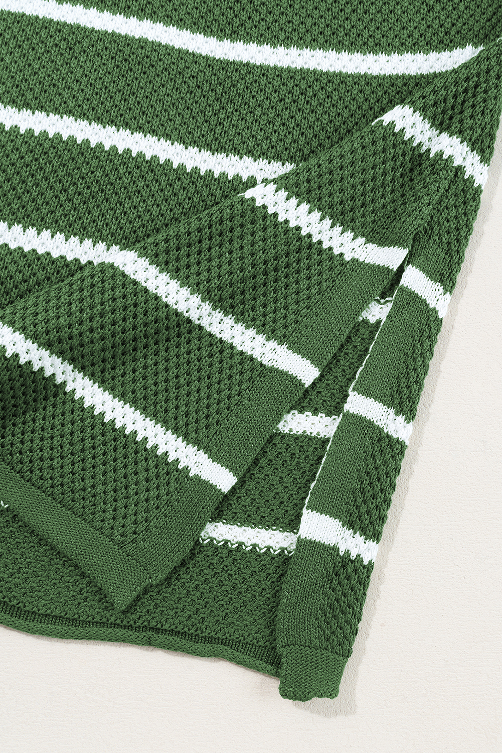 Chic Casual Green Striped Sweater Tee - Three Quarter Sleeve & Side Slits - Detail View 10 Chic Casual Green Striped Sweater Tee - Three Quarter Sleeve & Side Slits - Detail View 10