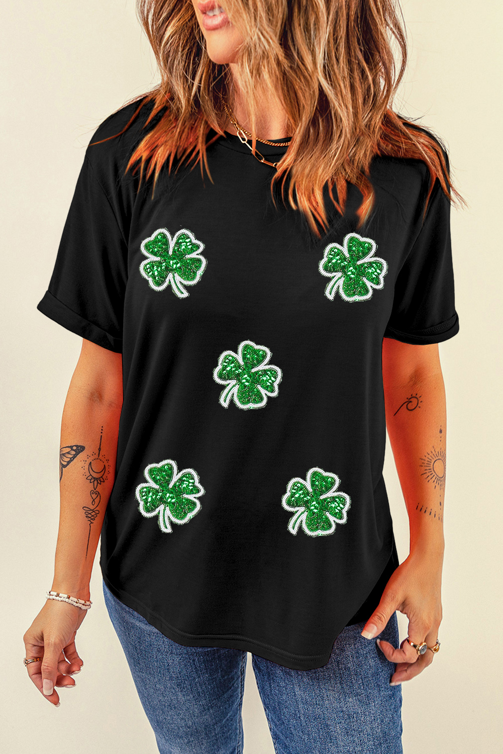 Women's Graphic Tee, Black T-Shirt, Four Leaf Clover, St. Patrick's Day, Casual Wear, Short Sleeve, Comfortable Fit, Round Neck, Soft Material, Breathable Fabric, Daily Outfit, Plants Pattern, Festive Clothing - Detail View 4 Women's Graphic Tee, Black T-Shirt, Four Leaf Clover, St. Patrick's Day, Casual Wear, Short Sleeve, Comfortable Fit, Round Neck, Soft Material, Breathable Fabric, Daily Outfit, Plants Pattern, Festive Clothing - Detail View 4