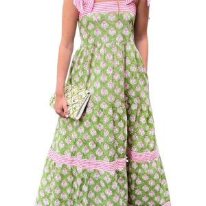 Women's Green Floral Maxi Dress – Sleeveless Patchwork A-Line Dress with Striped Knot Straps - Main View