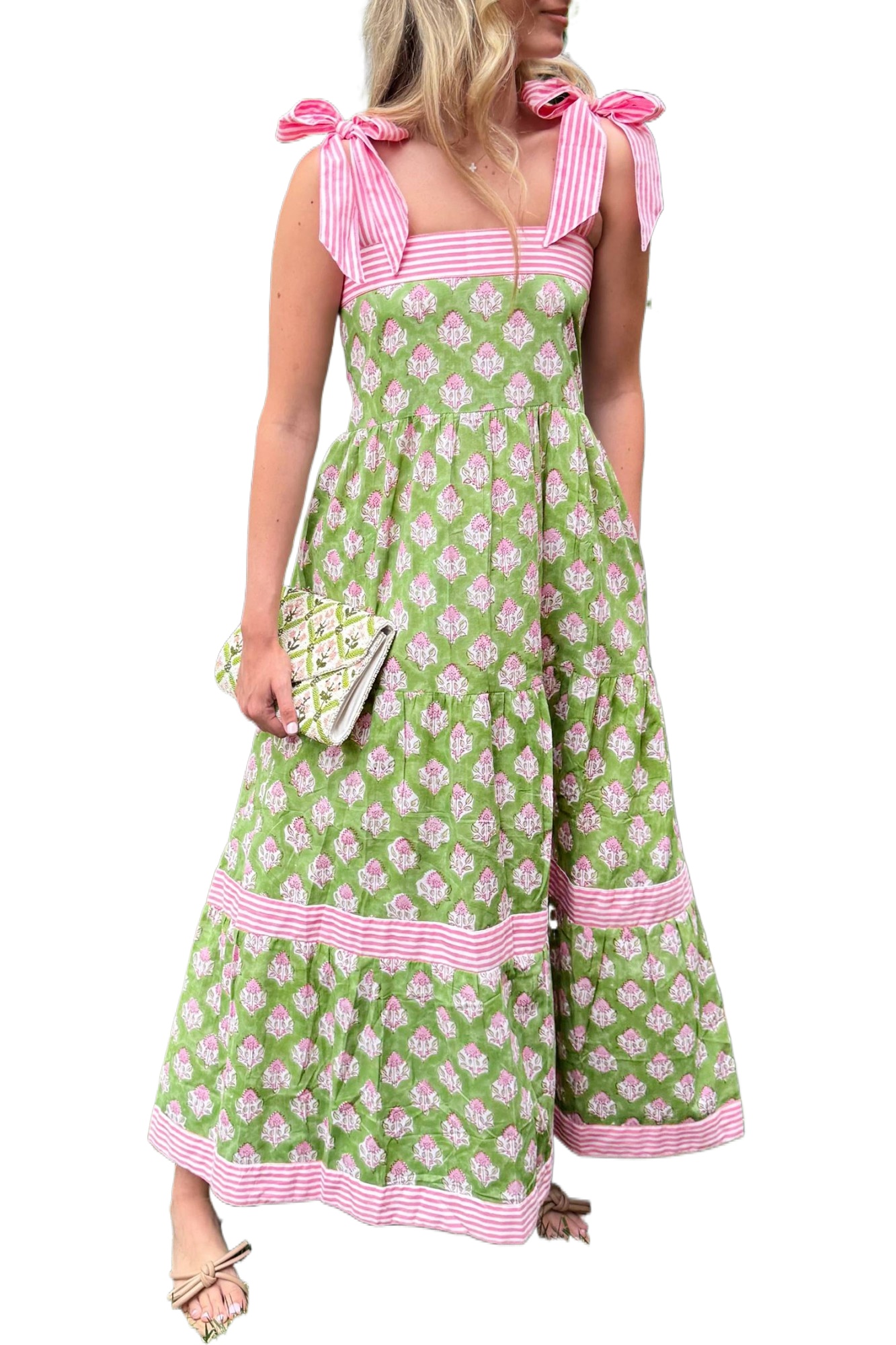 Women's Green Floral Maxi Dress – Sleeveless Patchwork A-Line Dress with Striped Knot Straps - Main View Women's Green Floral Maxi Dress – Sleeveless Patchwork A-Line Dress with Striped Knot Straps - Main View