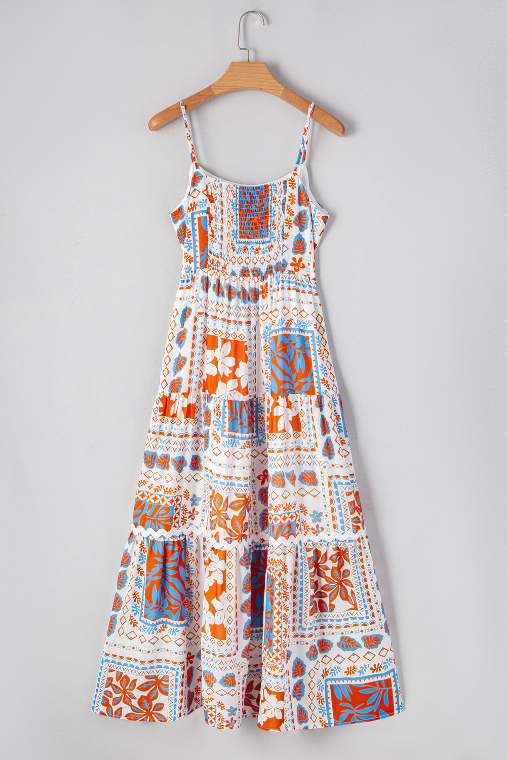 Women's Orange Multi Printed Maxi Dress with Ricrac Trim and Spaghetti Straps - Detail View 9 Women's Orange Multi Printed Maxi Dress with Ricrac Trim and Spaghetti Straps - Detail View 9