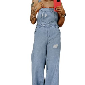 Women's Mist Blue Denim Overall Jumpsuit – Distressed Wide Leg Romper with Adjustable Straps - Main View