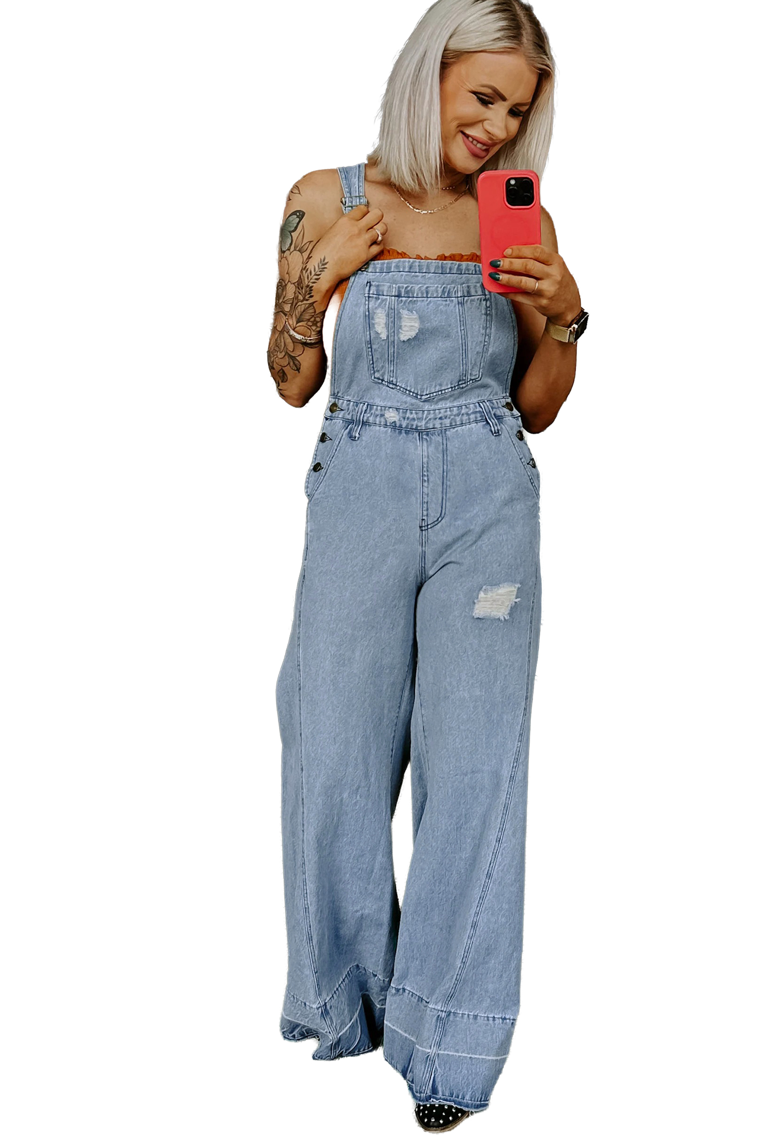 Women's Mist Blue Denim Overall Jumpsuit – Distressed Wide Leg Romper with Adjustable Straps - Main View Women's Mist Blue Denim Overall Jumpsuit – Distressed Wide Leg Romper with Adjustable Straps - Main View