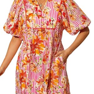 Women's Pink Floral Striped Mini Dress – Tie Neck Puff Sleeve, Casual Summer Vacation Outfit - Main View