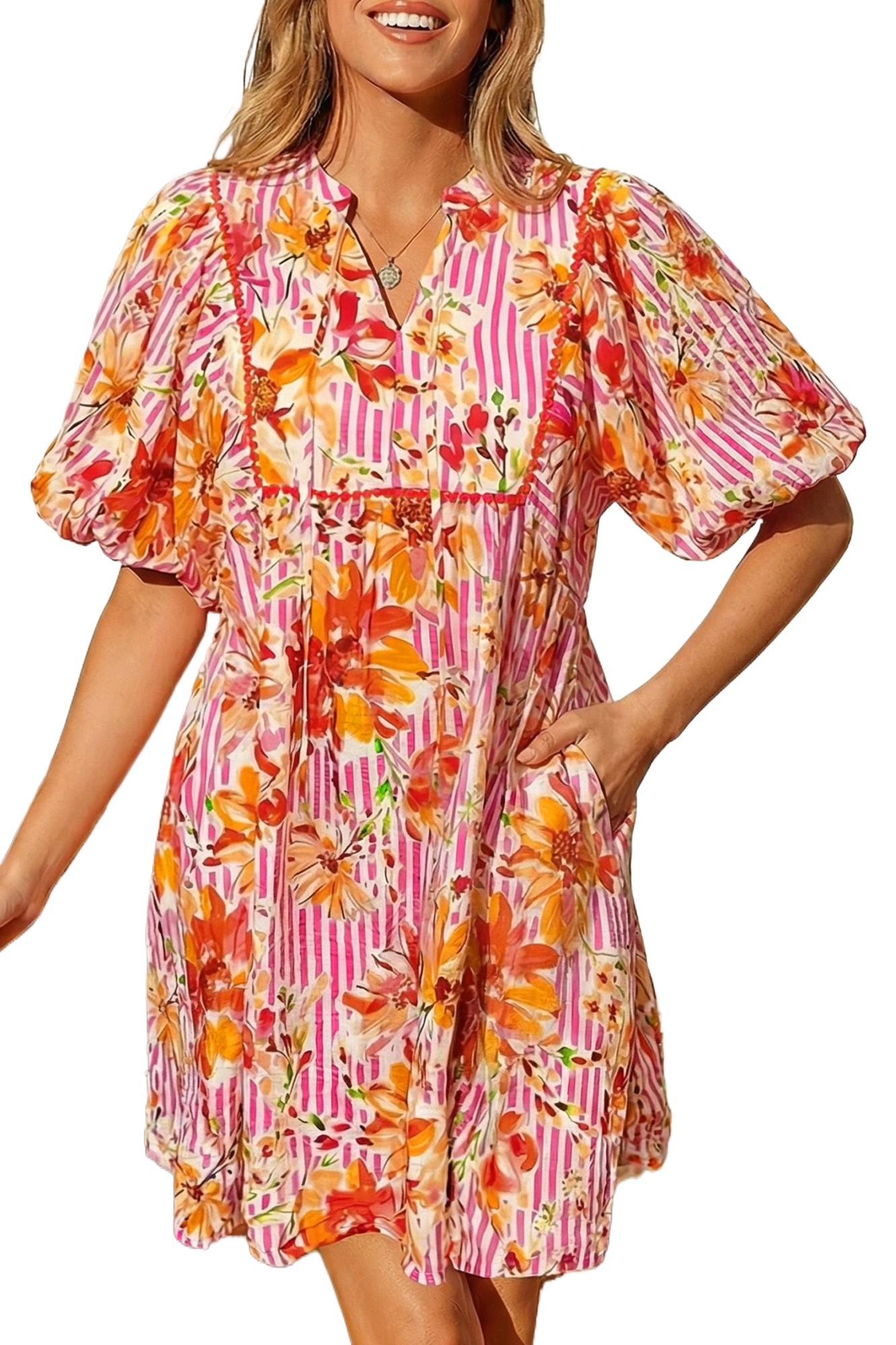 Women's Pink Floral Striped Mini Dress – Tie Neck Puff Sleeve, Casual Summer Vacation Outfit - Main View Women's Pink Floral Striped Mini Dress – Tie Neck Puff Sleeve, Casual Summer Vacation Outfit - Main View
